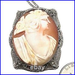 Antique Art Deco 1920s Womens Necklace Sterling Silver Cameo Pendant Vintage