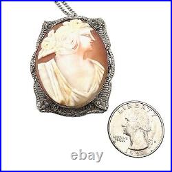 Antique Art Deco 1920s Womens Necklace Sterling Silver Cameo Pendant Vintage