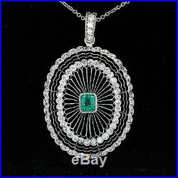 Antique Art Deco 20 Platinum 1.94ctw Emerald Diamond Filigree Pendant Necklace