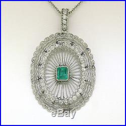 Antique Art Deco 20 Platinum 1.94ctw Emerald Diamond Filigree Pendant Necklace