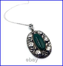 Antique Art Deco 800 Silver Chrysoprase Rose Motif Repousse Pendant Necklace
