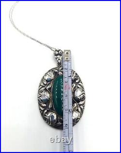 Antique Art Deco 800 Silver Chrysoprase Rose Motif Repousse Pendant Necklace