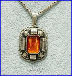 Antique Art Deco 835 Silver Natural Amber Geometric Neck Pendant Chain Necklace