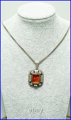 Antique Art Deco 835 Silver Natural Amber Geometric Neck Pendant Chain Necklace