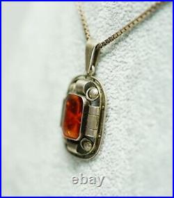 Antique Art Deco 835 Silver Natural Amber Geometric Neck Pendant Chain Necklace