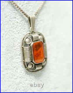 Antique Art Deco 835 Silver Natural Amber Geometric Neck Pendant Chain Necklace