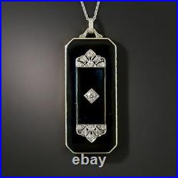Antique Art Deco 925 Sterling Silver Necklace Pendant Black Enamel With Chain