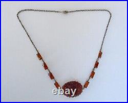 Antique Art-Deco Amber Glass and Paste Brass Necklace