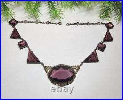 Antique Art Deco Amethyst Czech Carved Glass Necklace Stunning Rare