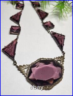 Antique Art Deco Amethyst Czech Carved Glass Necklace Stunning Rare