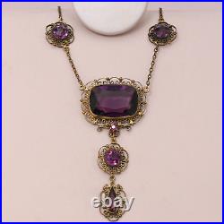 Antique Art Deco Amethyst Glass Paste Filigree Pendant Necklace