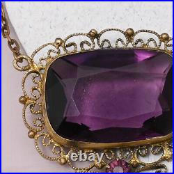 Antique Art Deco Amethyst Glass Paste Filigree Pendant Necklace