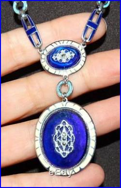 Antique Art Deco Art Nouveau Blue Guilloche Enamel Silver Marcasite Necklace