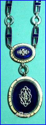 Antique Art Deco Art Nouveau Blue Guilloche Enamel Silver Marcasite Necklace