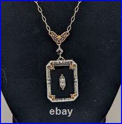 Antique Art Deco Black Camphor Glass Lavalier Necklace PSCo Rhodium Plated B