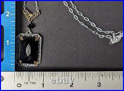 Antique Art Deco Black Camphor Glass Lavalier Necklace PSCo Rhodium Plated B