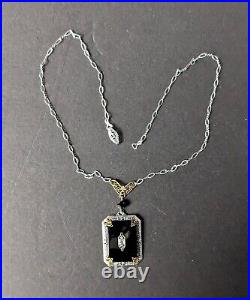 Antique Art Deco Black Camphor Glass Lavalier Necklace PSCo Rhodium Plated B