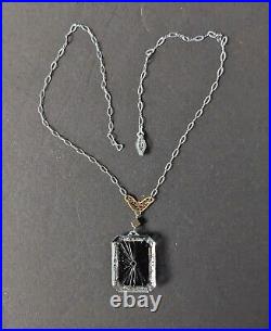 Antique Art Deco Black Camphor Glass Lavalier Necklace PSCo Rhodium Plated B