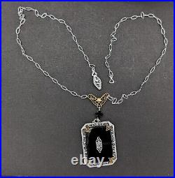 Antique Art Deco Black Camphor Glass Lavalier Necklace PSCo Rhodium Plated B