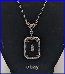 Antique Art Deco Black Camphor Glass Lavalier Necklace PSCo Rhodium Plated B