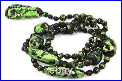 Antique Art Deco Black Green Foiled Glass Hand Knotted Lariat Necklace