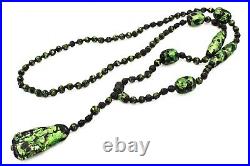 Antique Art Deco Black Green Foiled Glass Hand Knotted Lariat Necklace