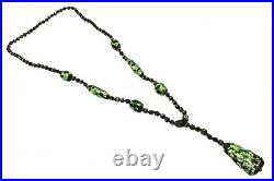 Antique Art Deco Black Green Foiled Glass Hand Knotted Lariat Necklace