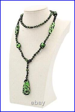 Antique Art Deco Black Green Foiled Glass Hand Knotted Lariat Necklace