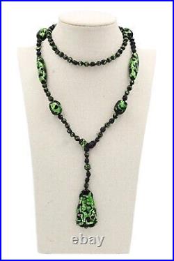 Antique Art Deco Black Green Foiled Glass Hand Knotted Lariat Necklace