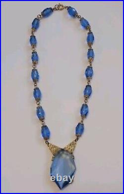 Antique Art Deco Blue Czech Glass Ornate Necklace