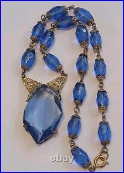 Antique Art Deco Blue Czech Glass Ornate Necklace