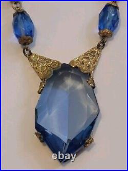 Antique Art Deco Blue Czech Glass Ornate Necklace