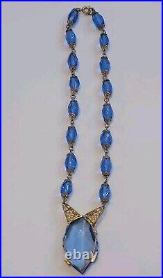 Antique Art Deco Blue Czech Glass Ornate Necklace