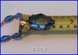 Antique Art Deco Blue Czech Glass Ornate Necklace