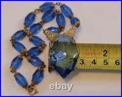 Antique Art Deco Blue Czech Glass Ornate Necklace