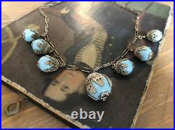 Antique Art Deco Blue Czech Necklace Silver Filigree Dangle Tassel Pendant