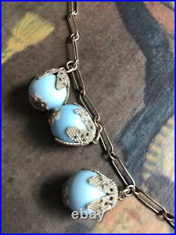 Antique Art Deco Blue Czech Necklace Silver Filigree Dangle Tassel Pendant