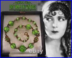 Antique Art Deco Bohemian Green Glass Beads Enamel Flower Necklace Signed Czech