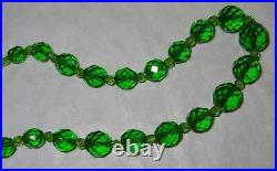 Antique Art Deco Bohemian Hand Cut Green Crystal 24 Necklace 1930s