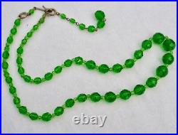 Antique Art Deco Bohemian Hand Cut Green Crystal 24 Necklace 1930s