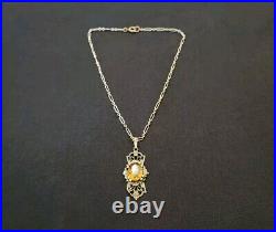 Antique Art Deco Brass Czech Glass Drop Pendant Necklace