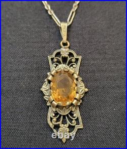 Antique Art Deco Brass Czech Glass Drop Pendant Necklace