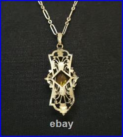 Antique Art Deco Brass Czech Glass Drop Pendant Necklace