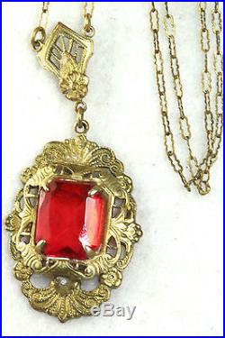 Antique Art Deco Brass Filigree Red Glass Lavaliere Necklace