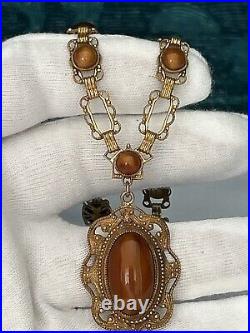 Antique Art Deco Brass Pendant Ornate Necklace Chatoyant Brown Glass 26