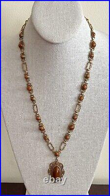 Antique Art Deco Brass Pendant Ornate Necklace Chatoyant Brown Glass 26