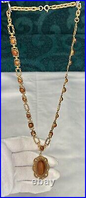 Antique Art Deco Brass Pendant Ornate Necklace Chatoyant Brown Glass 26