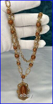 Antique Art Deco Brass Pendant Ornate Necklace Chatoyant Brown Glass 26