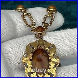 Antique Art Deco Brass Pendant Ornate Necklace Chatoyant Brown Glass 26