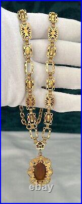 Antique Art Deco Brass Pendant Ornate Necklace Chatoyant Brown Glass 26